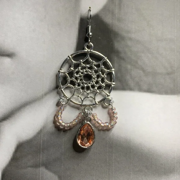 Pink Tear Drop Dangling From Dream Catcher Tibetan Boho Chandelier Style Earring - Picture 3 of 16